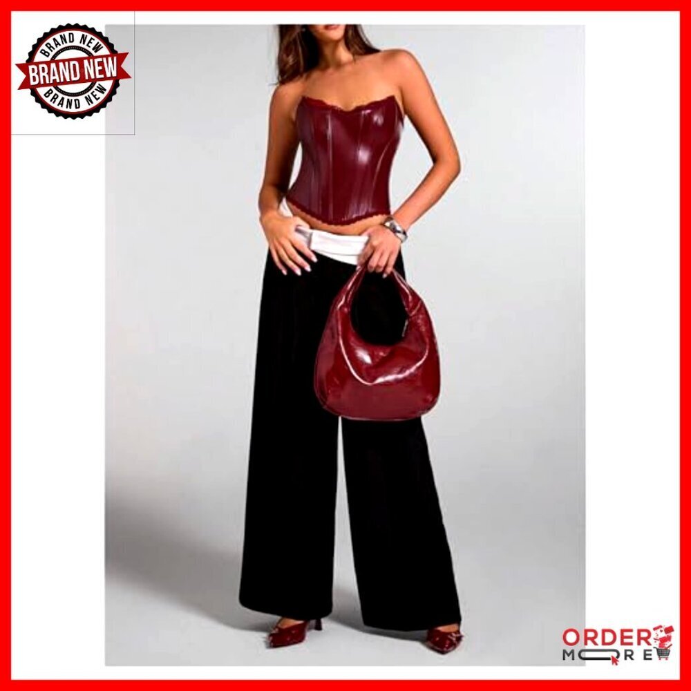Vintage Leather Corset Top Strapless Lace Trim Rave Party Tube Top Y2K - Picture 5 of 5